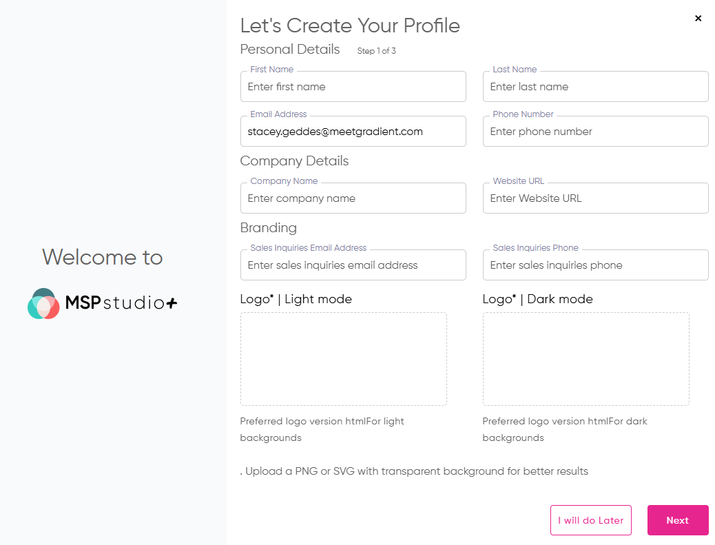 Image of the Profile creation page in mspstudio+